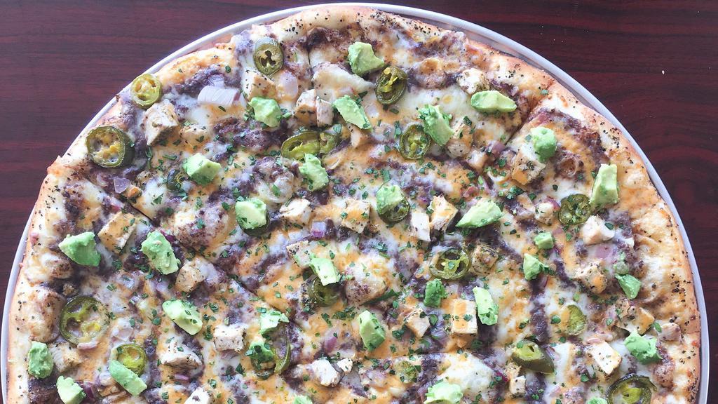 Santa Fe Chicken (Sicilian) · Black bean sauce, house cheese blend, seasoned chicken pickled jalapeño peppers, red onions, spicy ranch, cilantro, fresh avocado.
