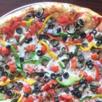 Veggie (Large) · Pizza sauce, house cheese blend, mushrooms, tri-bell peppers, red onions Roma tomatoes, blac...