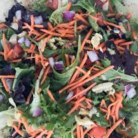 Blue Moon Salad · Fresh spring mix, Roma tomatoes, red onions, carrots, artichoke hearts, balsamic vinaigrette...
