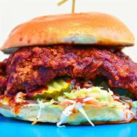Shirlington' Hot · Fried chicken, dill pickles, red cabbage slaw, and nashville hot sauce.