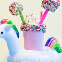 The Unicorn Shake · Hand-spun strawberry shake with rainbow sprinkles, sour patch twists, and ginormous marshmal...