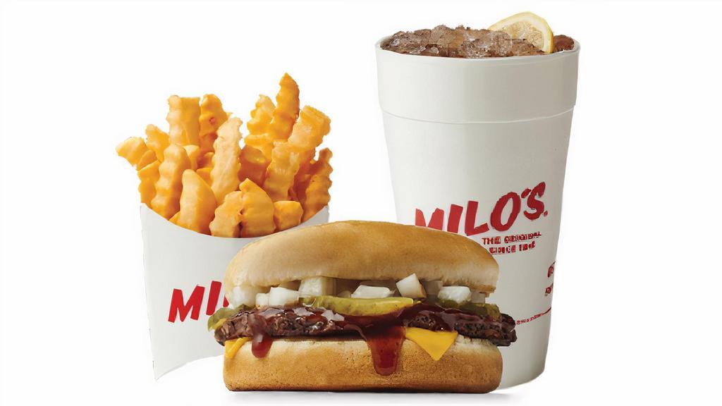 #2 Cheeseburger Combo · Milo's Original with American cheese, Milo's sauce, onions, and pickles. Includes: Regular Fries & Medium Drink.