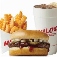 #1 Burger Combo · Milo's Original with Milo's sauce, onions, and pickles. Includes: Regular Fries & Medium Dri...