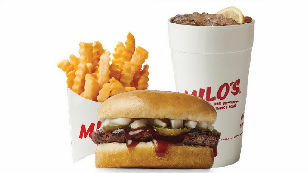 #1 Burger Combo · Milo's Original with Milo's sauce, onions, and pickles. Includes: Regular Fries & Medium Drink.