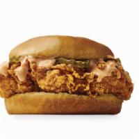 Crispy Chicken Sandwich · Includes: 2 pickles and Double-O sauce on a toasted bun