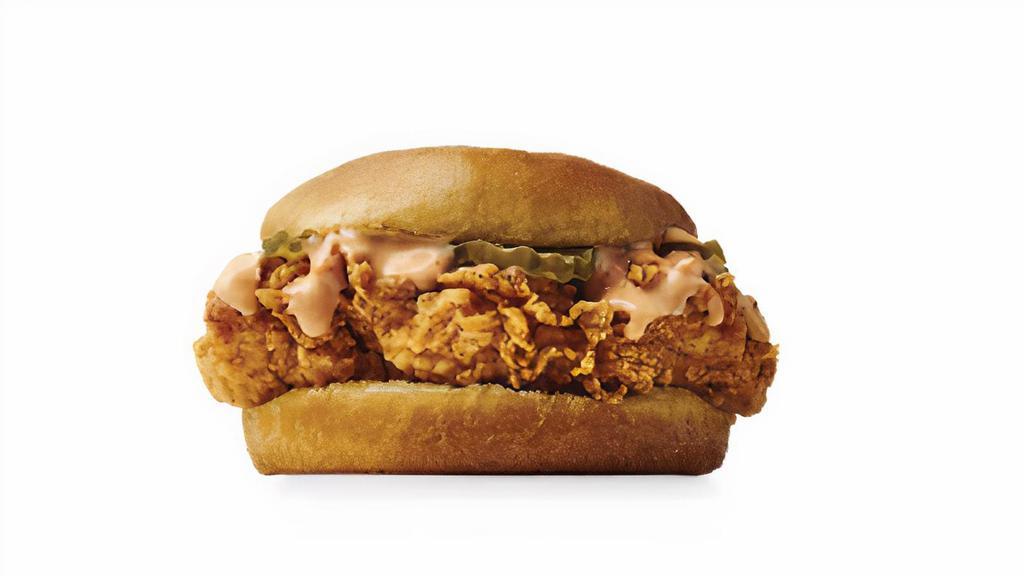 Crispy Chicken Sandwich · Includes: 2 pickles and Double-O sauce on a toasted bun