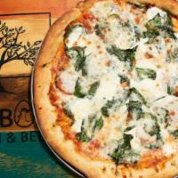 White Pizza · Tomato sauce base, spinach, sliced tomatoes, ricotta cheese, mozzarella cheese