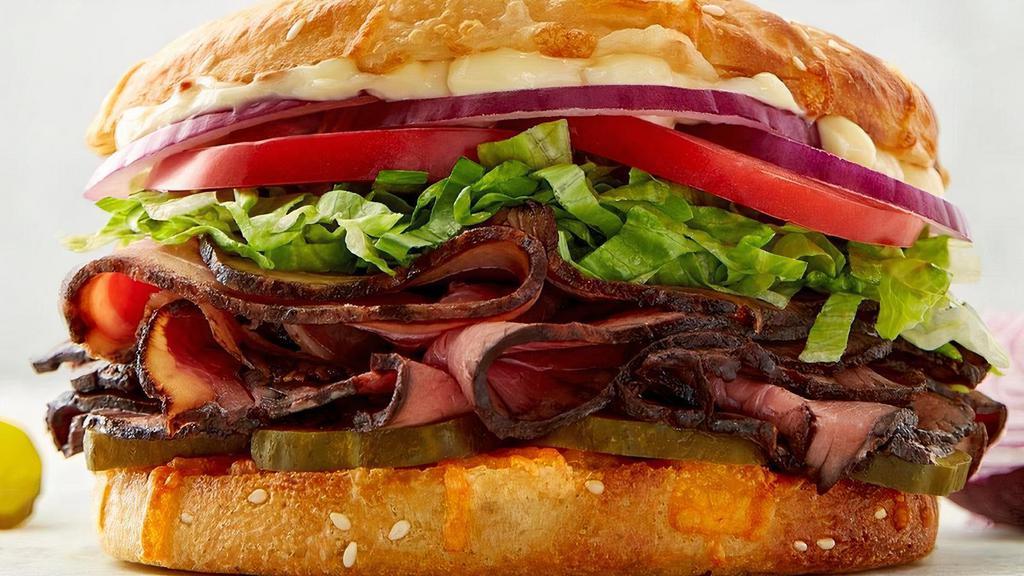 Roast Beef & Cheese Sandwich · roast beef | 3 cheeses | pickles | lettuce | onion | tomato | lite mayo | signature sauce | sourdough bun.