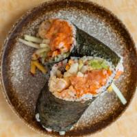 Kazu Sushi Burrito · Spicy tuna, salmon,  shrimp tempura, avocado, mango, cucumber, tobiko, tempura flakes, shrim...