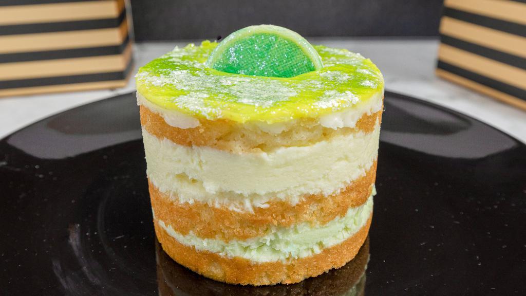 Key Lime Dream Cake · White cake, lime mousse, cream cheese filling, white chocolate, key lime jelly