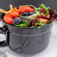 Summer Salad · Baby greens and spring mix, tomatoes, carrots,  cranberries, blueberries, candied pecans