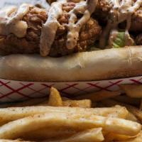 Fried Chicken Po' Boy · Comes with cajun, sweet potato or french fries, also lettuce, tomato, and house spicy mayo s...