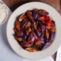 Holy Eggplant · Savoury eggplant (aubergine) in a mushroom and basil sauce with onion, garlic, red pepper an...