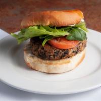 Black Bean Burger · Made from black beans, garlic, onions, red peppers, zucchini, rice, oats and various spices