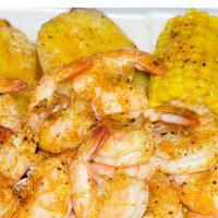 Steamed Shrimp Platter (L2) · medium shell-on shrimp with one corn and one potato in Cajun butter sauce or the sauce you c...