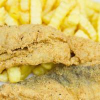 Fish Fillets With Fries (F1) · 2 pieces of hand-breaded fried fish fillets with Cajun fries. please choose from Tilapia, Wh...