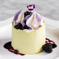 Macha Lemon Blueberry · Lemon poppy seed cake, wild blueberries, lemon and blueberries gel, and swiss merengue.