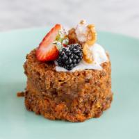 Vegan Carrot Cake · Banana, carrot, brown sugar cake, vegan cream cheese, and caramelize nuts.