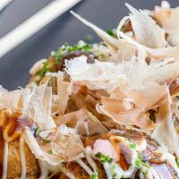 Takoyaki · Tempura squid ball with bonito fish flakes and Japanese mayo