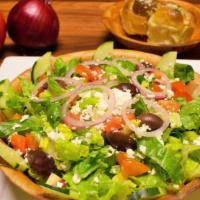 Greek Salad · Vegetarian. Romaine lettuce, tomatoes, cucumber, red onions, feta cheese and kalamata olives...