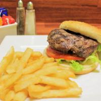 Sirloin Burger · Half pound of the finest lean Angus beef served with lettuce, tomato, onions and pickles.