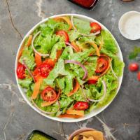Classic Chunky Salad · (Vegetarian) Romaine lettuce, fresh tomatoes, cucumbers, and croutons topped with grilled ch...