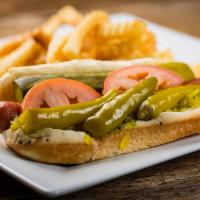 Chicago-Style Hot Dog · Vienna all beef hot dog in a steamed poppy seed bun with mustard, onion, relish, tomato, dil...