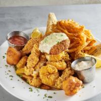 Seafood Platter · Shrimp, crawfish tails, oysters (seasonal), crabcake, crispy catfish, onion strings, beer-ba...