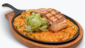 Salmon And Seafood Risotto · Creamy seafood risotto in Peruvian red pepper sauce, and 8 oz. of grilled salmon churrasco.