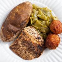 Salmon (Lunch)  · Includes 2 sides and hushpuppies.