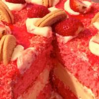 Strawberry Cheese Crunch Cake Slice · Triple layers of deliciousness, Creamy cheese cake between two layers of moist strawberry ca...