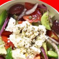Greek Salad · Romaine lettuce, tomatoes, red onions, feta cheese, cucumbers, pepperoncini, and served with...