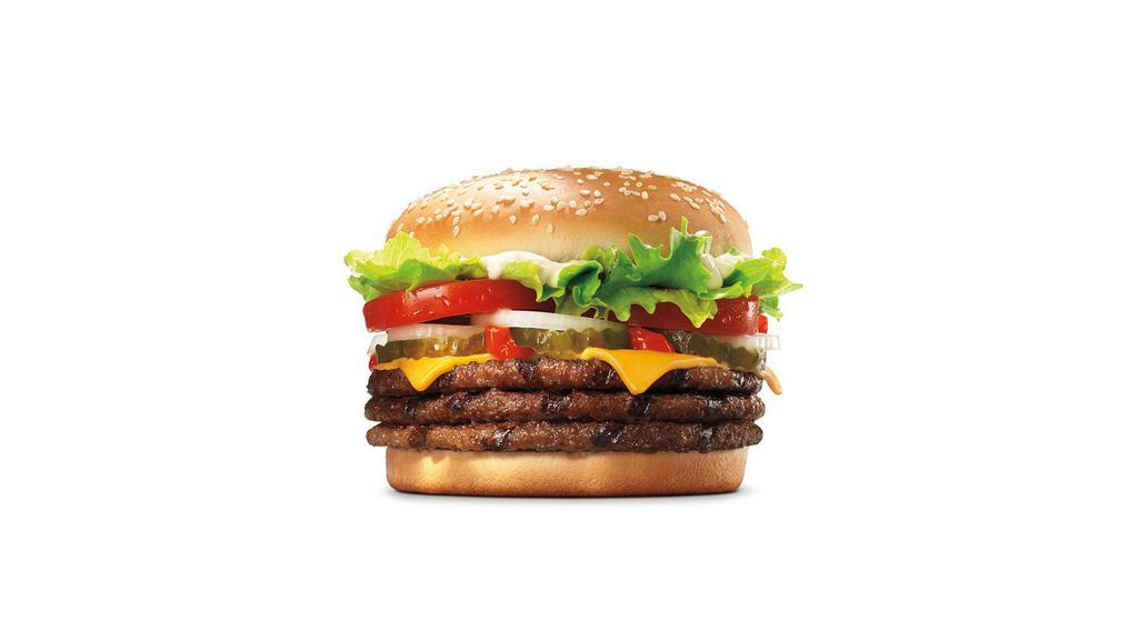 Triple Whopper® With Cheese · Our Triple Whopper Sandwich with Cheese includes three 1/4 lb* savory flame-grilled beef patties topped with juicy tomatoes, fresh lettuce, creamy mayonnaise, ketchup, crunchy pickles, and sliced white onions on a soft sesame seed bun. Meal comes in medium and large sizes with a side of piping hot, thick cut French Fries and a fountain drink of your choice to make it a meal.*Based on pre-cooked patty weight.