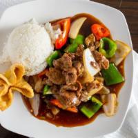 Pepper Steak With Onion · Served with steamed rice.