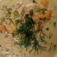 Wild Salmon Chowda  (A,O,B,Ab) · grilled wild salmon, baby spinach, green peas, carrots, celery, onions, butternut squash and...
