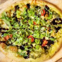 Bruschetta Pizza · Pesto, shredded and sliced fresh mozzarella, tomato, arugula, lemon vinaigrette, balsamic gl...