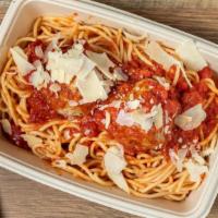 Spaghettini And Meatballs · Pomodoro sauce, meatballs, and Romano.