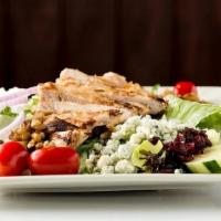 *California Chicken Salad* · Grilled Chicken Breast sliced & served over Mixed Salad Greens + Cucumber + Grape Tomato + S...