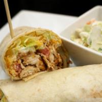 *Chicken Wrap* · Choose Grilled or Fried Chicken rolled with Lettuce + Tomato + Cheddar-Jack + Ranch in a Flo...
