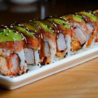 Shokudo Roll · spicy tuna, shrimp tempura, avocado, kanikama, mayo and truffle eel sauce