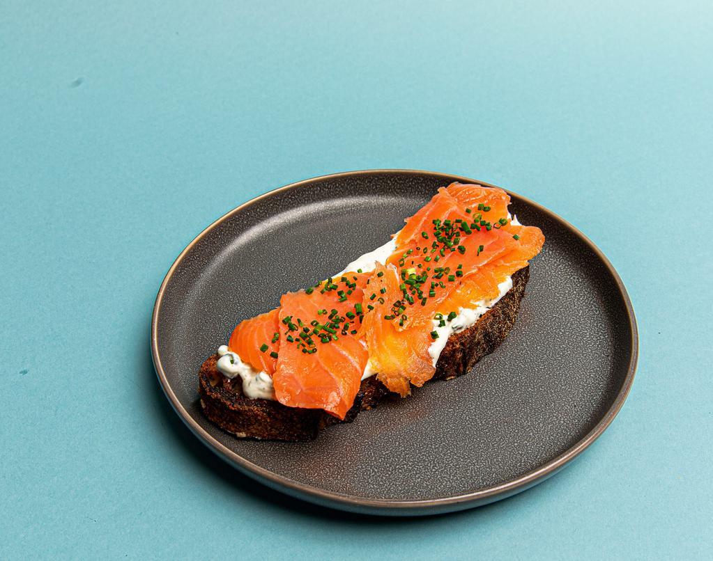 Smoked Salmon Toast · Lemon-caper schmear, chives, sourdough. *Contains undercooked eggs. Consuming raw or undercooked eggs may increase your risk of food borne illness.