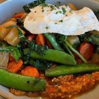 Spring Vegetable Hash · Gluten free. Roasted Carrots, Gold Beets, Sugar Snap Peas, Market Greens, Romesco, Over Easy...
