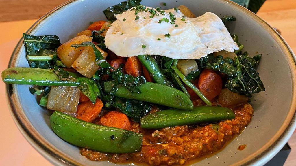 Spring Vegetable Hash · Gluten free. Roasted Carrots, Gold Beets, Sugar Snap Peas, Market Greens, Romesco, Over Easy Egg & Chive