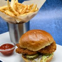Southern Fried Chicken Sandwich · Shaved lettuce, B&B pickles, truffle hot sauce aioli, choice of side.