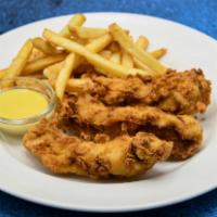 Kids Fried Chicken Fingers · Served with kids drink and side.