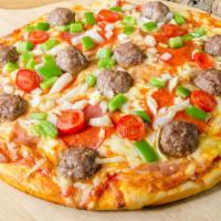 Meatball & Whipped Ricotta Pizza · Delicious crispy pizza topped with homemade meatballs, whipped ricotta, caramelized onions, ...