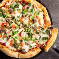 Veggie Lovers Pizza · Yummy fresh pizza topped with fresh tomatoes, spinach, broccoli, mushrooms, black olives, to...