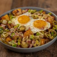 Southwestern Bowl · Home fries topped with ham, jalapenos, onions, peppers, pepper jack cheese, and two eggs wit...