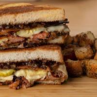 The Perfect Pig · Smoked pork, bacon, pickles, Swiss cheese and bacon jam on grilled Texas toast.  Served with...