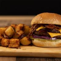 Double Bacon Double Cheese Burger · Two juicy, steak burger patties stacked with four strips of bacon, American cheese, red onio...